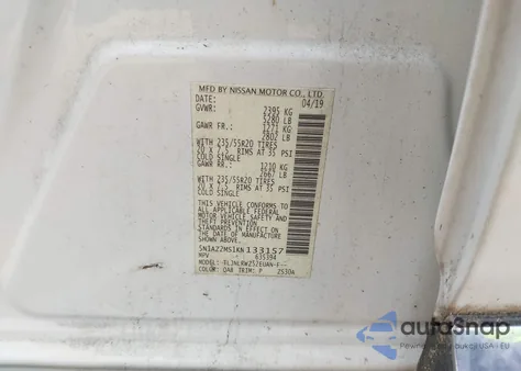 2019 Nissan Murano Sl from USA, damaged, VIN 5N1AZ2MS1KN133157